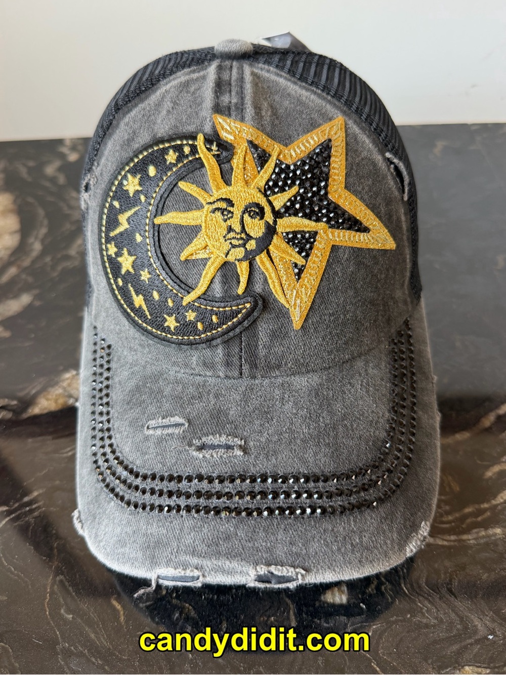 NWT  Handmade Distressed Sun, Moon & Star Celestial Ball Cap